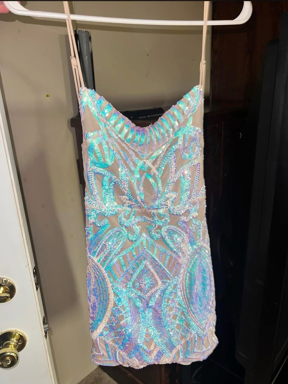 Nameless Iridescent Sequin Spaghetti-Strap Mini Dress - Nude & Aqua